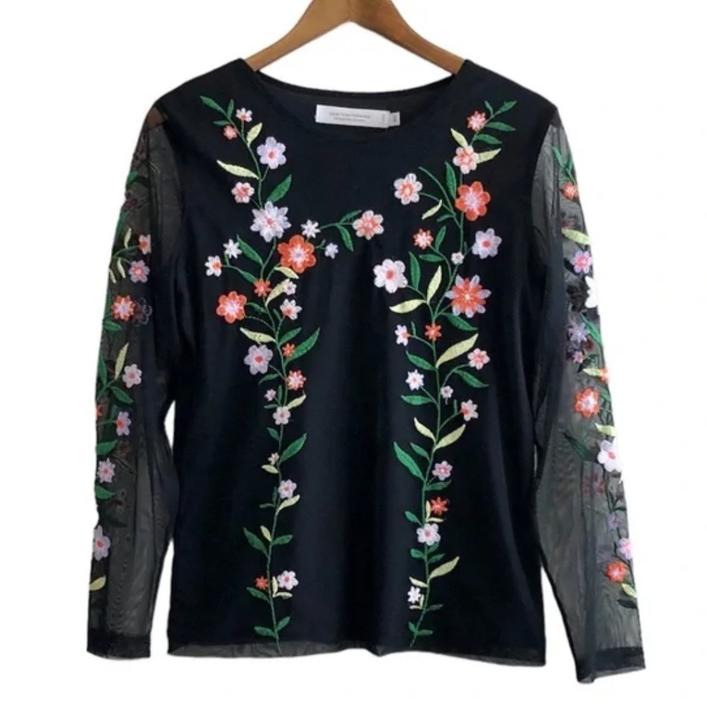 Contemporaine Simons Floral Embroidered Knit Mesh Long Sleeve Shirt Top Black